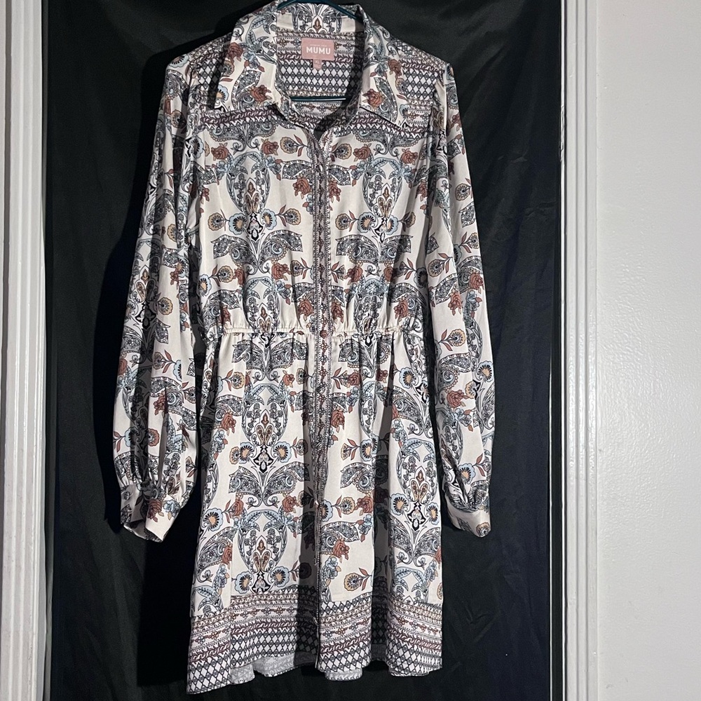 Show Me Your MuMu White Printed Long Sleeve Dress with Blue and Brown Paisley